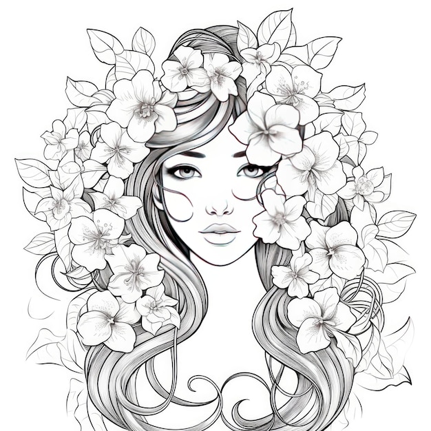 Premium AI Image | A girl on a coloring book page with Jasmine flowers