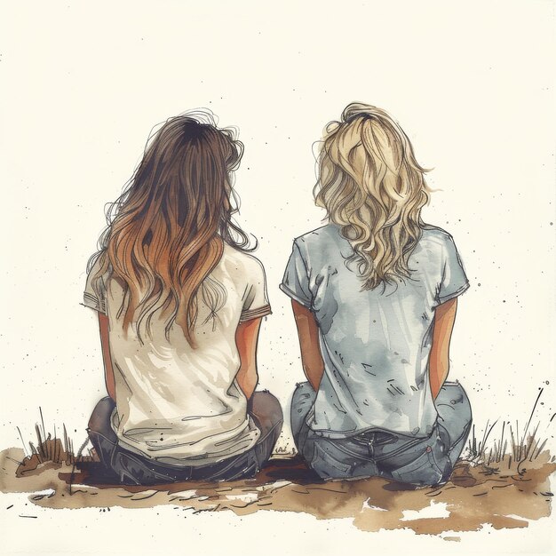 Photo a girl comforts and encourages her sad friend who is stressed out modern illustration style is hand drawn