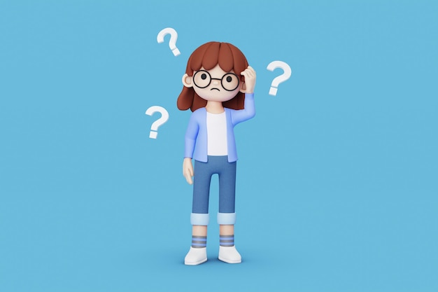Photo girl confused with question marks 3d render
