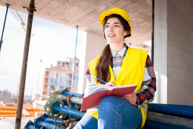 建設ヘルメットとベストの女の子が建設現場でノートに書き込みます