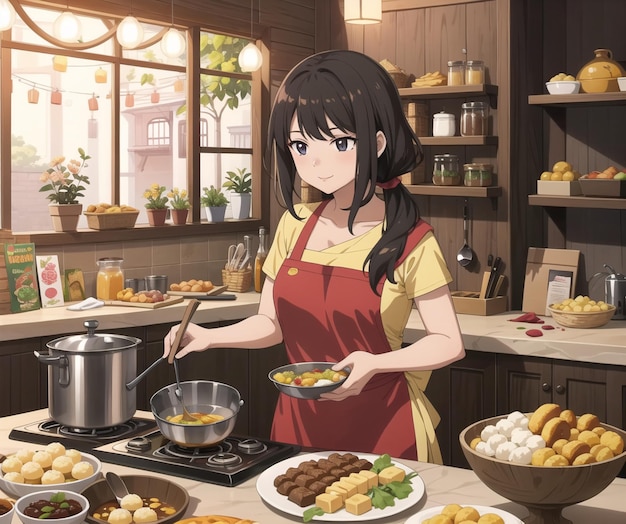 A girl cooking in a kitchen