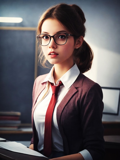 Girl in corporate Suits and office looks like a teacher