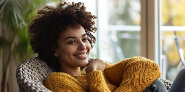 Photo girl on the couch at home resting generative ai