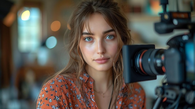 Photo a girl creates video content about beauty for social networks ai generate illustration