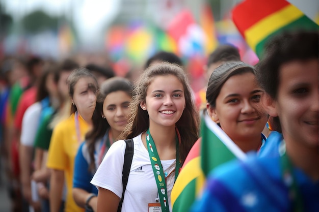 A girl in a crowd of people are walking in a line