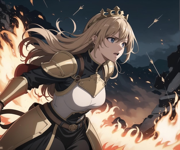 A girl in a crown with a sword and a fire in the background