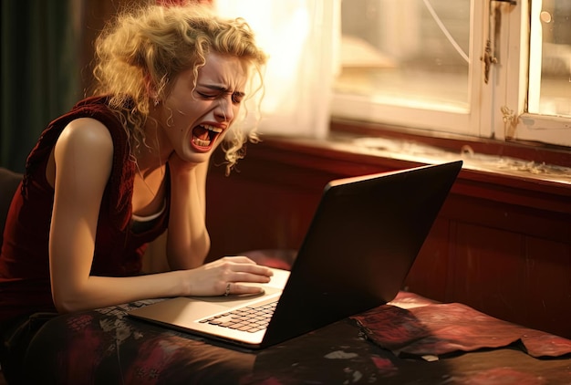 girl crying in front of laptop in room in the style of queer academia