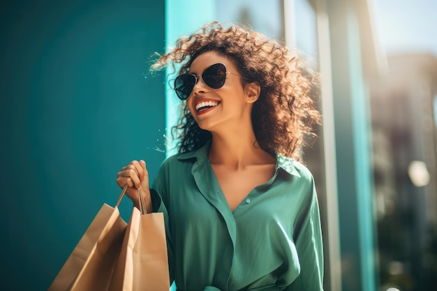 girl on cyan wall with sunglass and holding a shopping bag in her hand Beautiful happy girl with shopping bag in blue wall