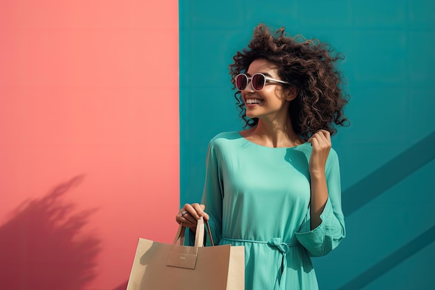 girl on cyan wall with sunglass and holding a shopping bag in her hand Beautiful happy girl with shopping bag in blue wall