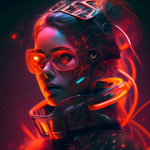 A girl in a cyberpunk style with glasses Red lighting on a black background Fantastic design Generated Ai