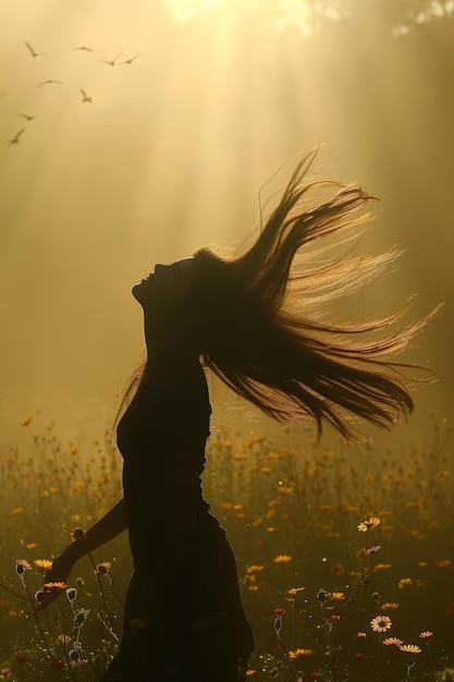 Girl dancing happily in a field of flowers with long hair flowing in the wind