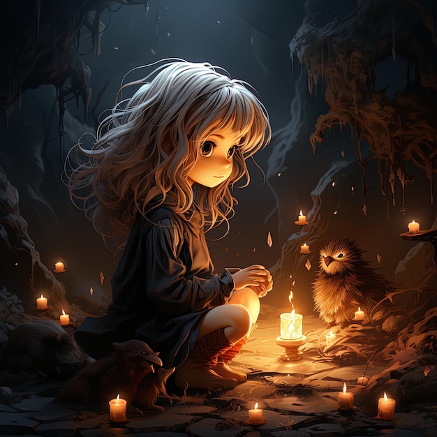 어두운 숲에 있는 한 소녀가 등불과 등불을 들고 있습니다.