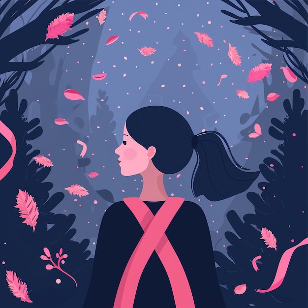 Photo a girl in a dark forest with a pink ribbon on her neck