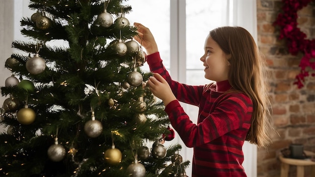 写真 クリスマスツリーを飾っている女の子