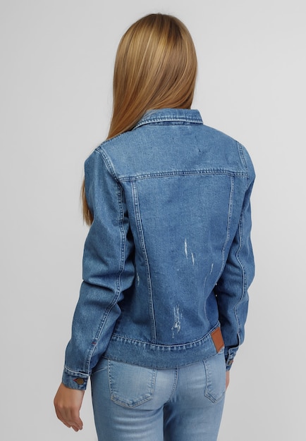 Ragazza in una giacca di jeans e pantaloni in denim blu su sfondo bianco