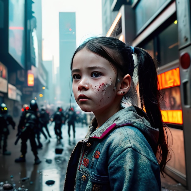 A girl in a denim jacket with the word " dead " on the front.