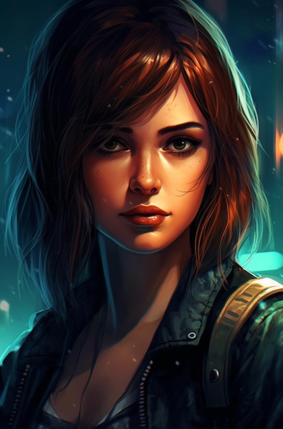 A girl in a denim jacket with the word lara croft on the bottom.