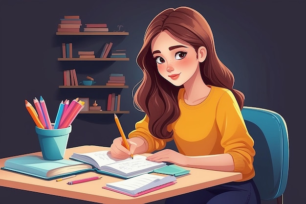 Girl diary Woman write journal Student studying with book Teenager draws in cute paper notebook