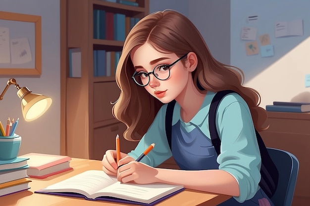 Girl diary Woman write journal Student studying with book Teenager draws in cute paper notebook