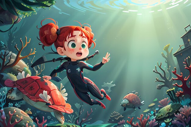 Photo girl diving under the sea colorful underwater world coral fish wallpaper background illustration