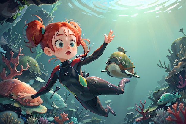 Girl diving under the sea colorful underwater world coral fish wallpaper background illustration