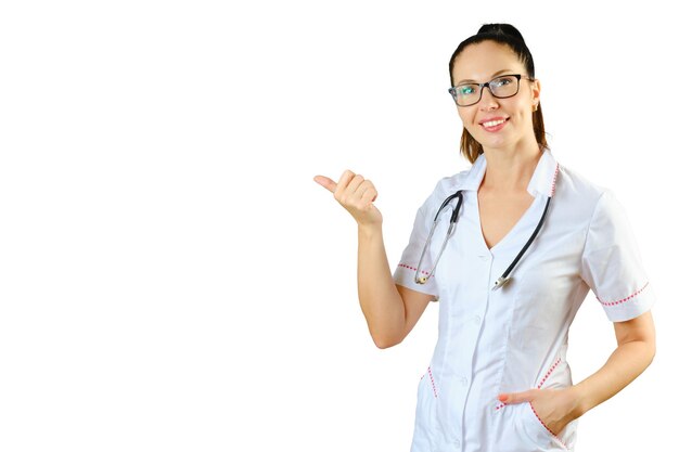 Girl doctor points to something Isolate on a white background