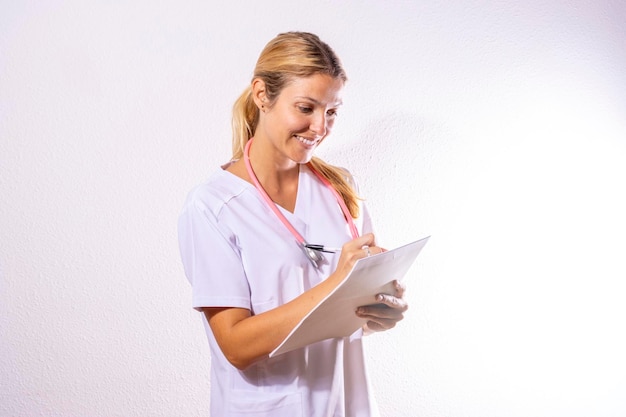 Girl doctor smiling and making notes in her doctor39s folder on a white background