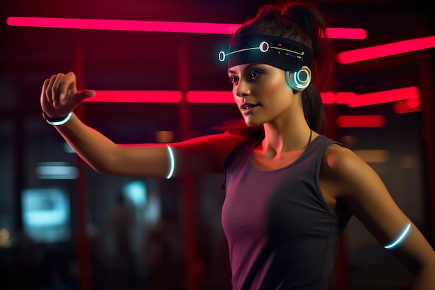 A girl does crossfit with smart fitness bracelets and gadgets