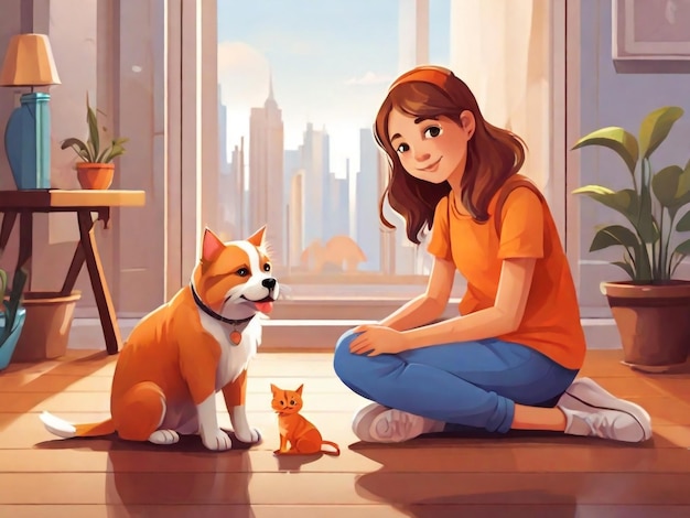 a girl and a dog are looking at a cat