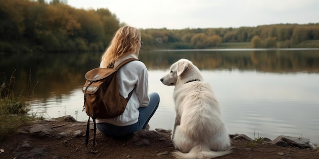 Ragazza e cane vicino al fiume