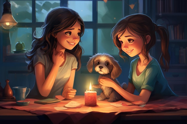 A girl and a dog sit at a table with a candle in her hand.