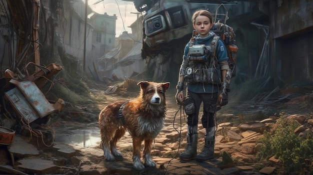 Girl and and dog standing in abandoned futuristic village