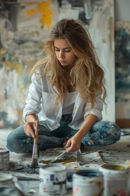 Girl doing home renovations with brushes