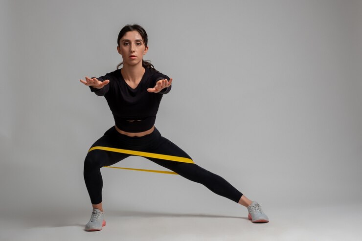 Girl doing side lunges with resistance band on grey wall