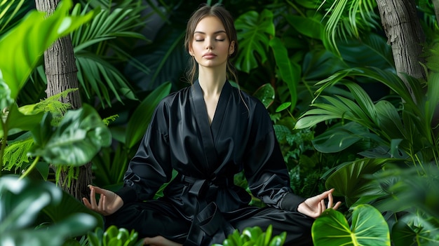 A girl doing yoga in complete tranquility surrounded by green flowers