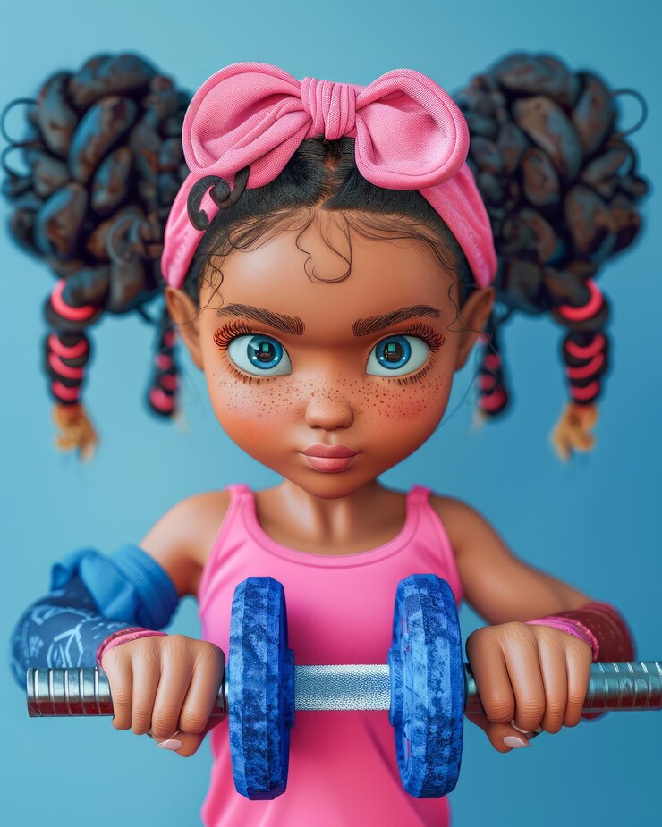 Photo girl doll with curly hair exercising with dumbbells in pink workout outfit