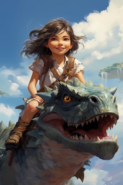 girl and dragon the child flies through the sky on a mini dragon ai generated