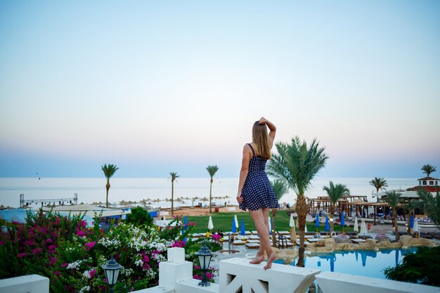 Girl in a dress on a background of sunset and sea