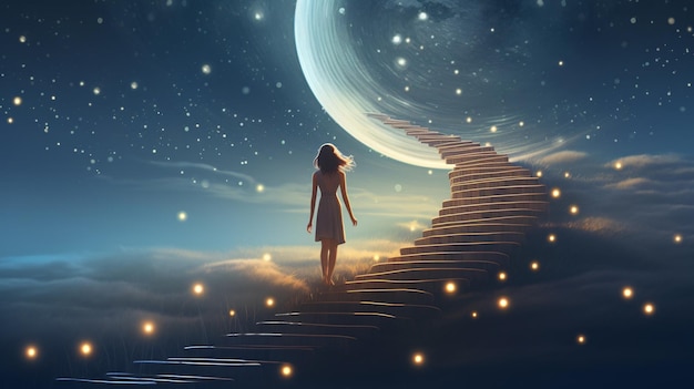 Girl in a dress climbs the stairs to the moon