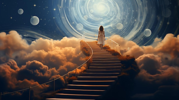 Girl in a dress climbs the stairs to the moon