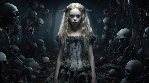 a girl in a dress in a forest with skulls