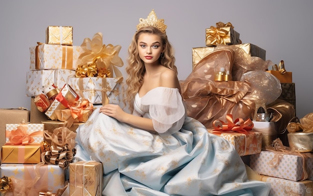 Girl in a dress among the gifts