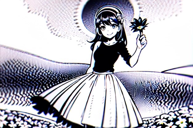 A girl in a dress holds a flower in her hand.