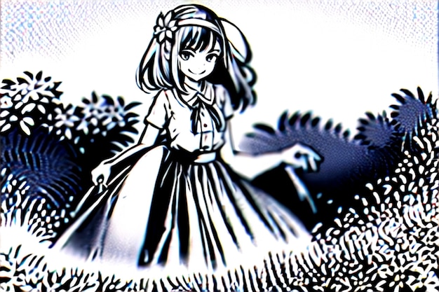 A girl in a dress is standing in the grass.