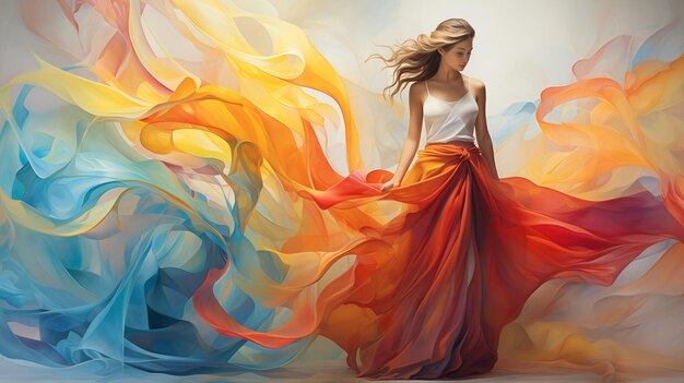 Photo girl in a dress made of abstract colored waves