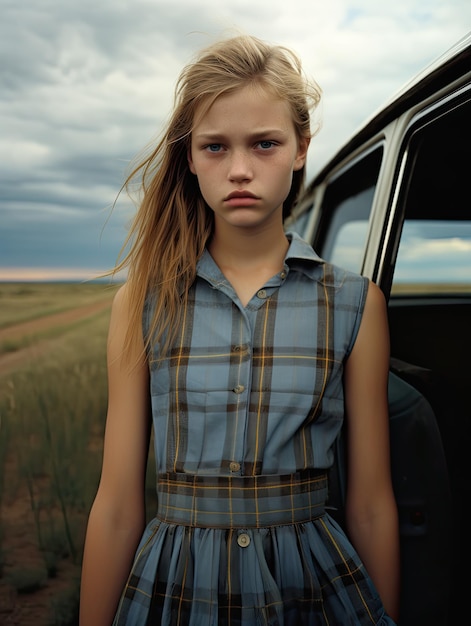 a girl in a dress standing in front of a car