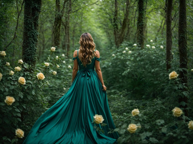 A girl in a dress stands in a forest full of trees and green plants with roses