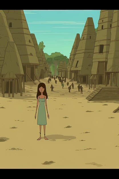 a girl in a dress stands in front of a building with a woman standing in front of it.