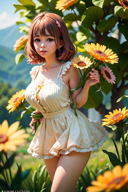 A girl in a dress with big brown hair stands in front of a field of sunflowers.