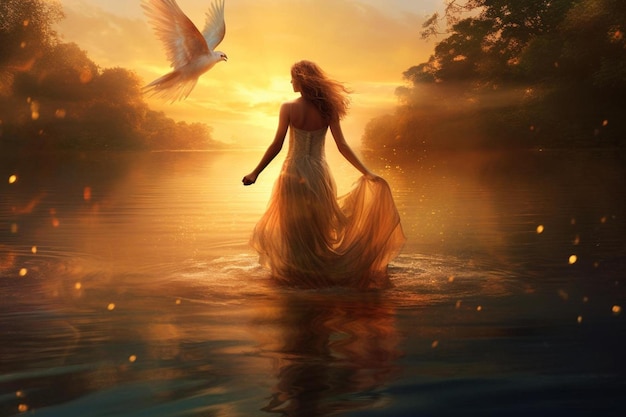 a girl in a dress with a bird flying in the sky